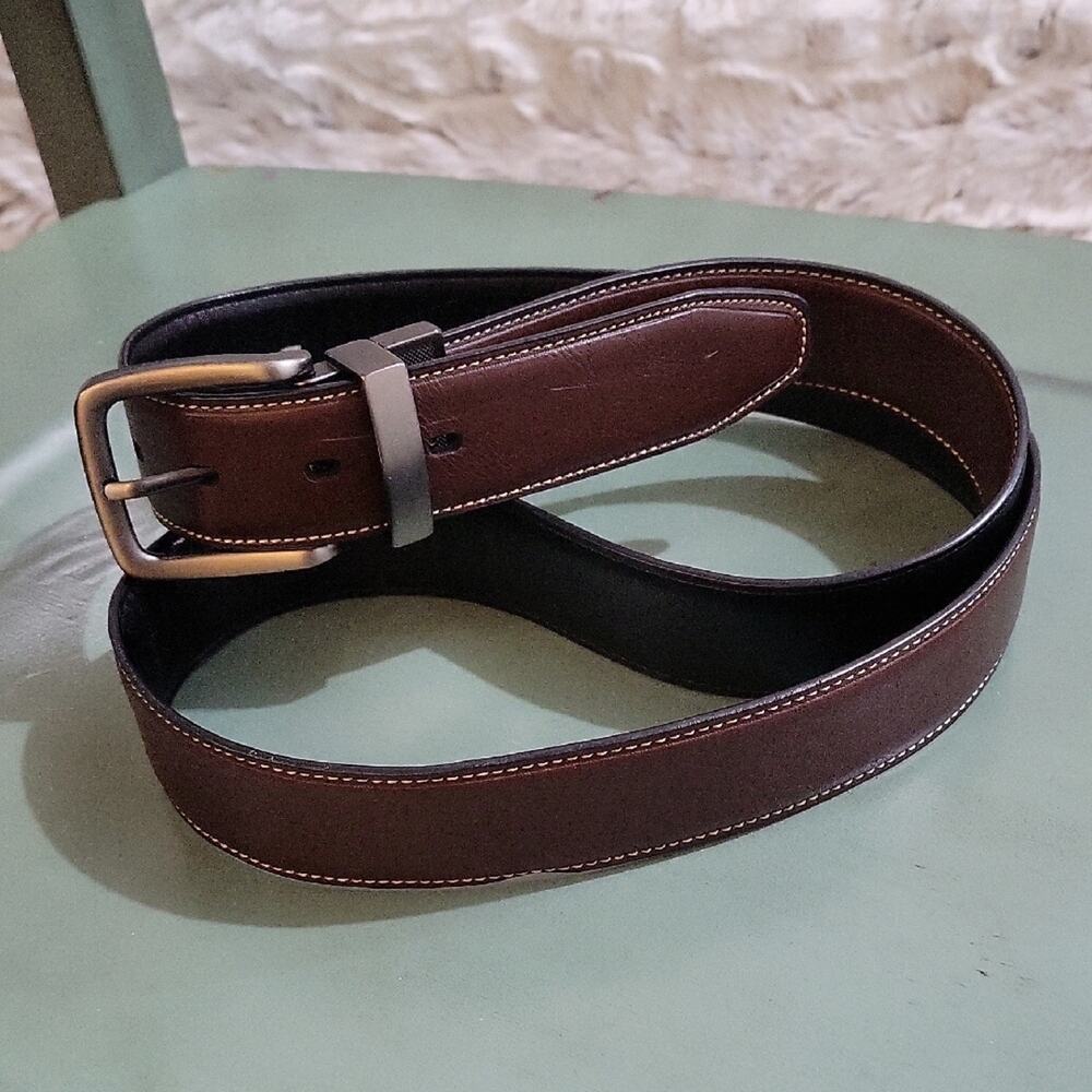 Dockers Brown Vegan Leather Dress Belt with Brushed Silver Buckle Mens Sz 38-40